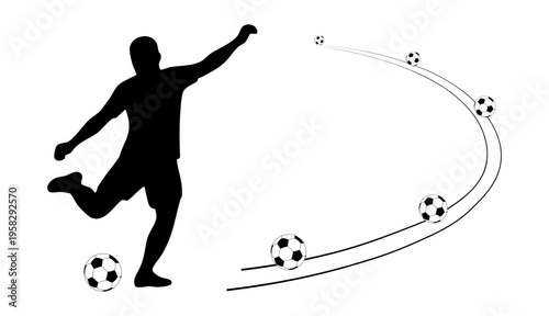 Dynamic soccer player action silhouette with ball trajectory