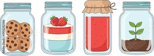 Set of glass mason jars containing chocolate chip cookies, strawberry layered dessert, red fruit jam, and a small green plant.