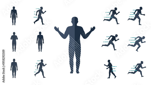 Silhouetted human figures in various poses depicting activity and motion