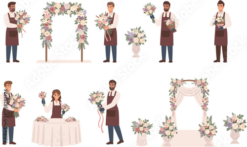 Professional florists arranging beautiful wedding flower bouquets and floral arches for event decoration in a flat vector set illustration