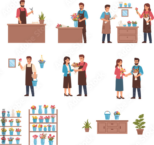 Professional florists working in flower shop arranging colorful bouquets for customers and organizing plant shelves flat vector illustration