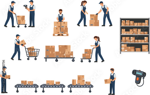Professional warehouse workers in overalls managing logistics by moving boxes using carts and conveyor belts flat vector illustration
