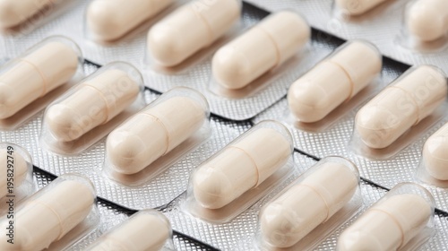 White medical capsules in foil blister pack. Pharmaceutical pill packaging for medication and supplement. Healthcare supply for treatment and wellness. Chemical drug industry production.