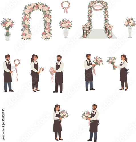 Professional florists arranging elegant wedding flower bouquets and floral arches for marriage ceremony event decoration flat vector set