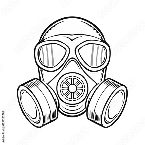 Illustration of a gas mask with large eye lenses and side canisters