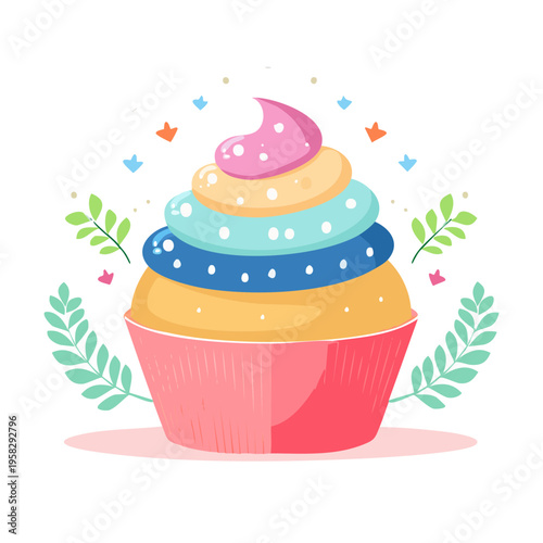 Delicious layered cupcake with sweet colorful frosting and delicate leaves illustration