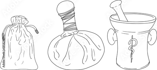 Hand drawn illustration set in a dark plague doctor theme, medieval medicine, anatomy, and occult aesthetics. Vintage line style, black and white line art, suitable for gothic, historical, and dark fa