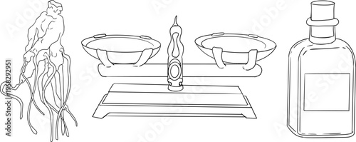 Hand drawn illustration set in a dark plague doctor theme, medieval medicine, anatomy, and occult aesthetics. Vintage line style, black and white line art, suitable for gothic, historical, and dark fa