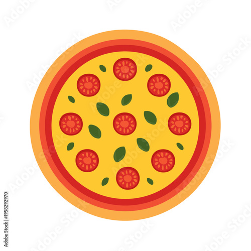 Flat vector illustration of a whole pizza with tomato slices and basil leaves