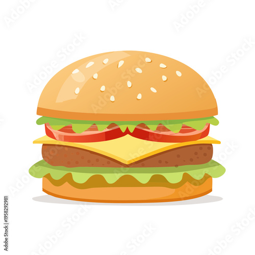 Juicy Cheeseburger with Lettuce Tomato and Sesame Seed Bun Illustration