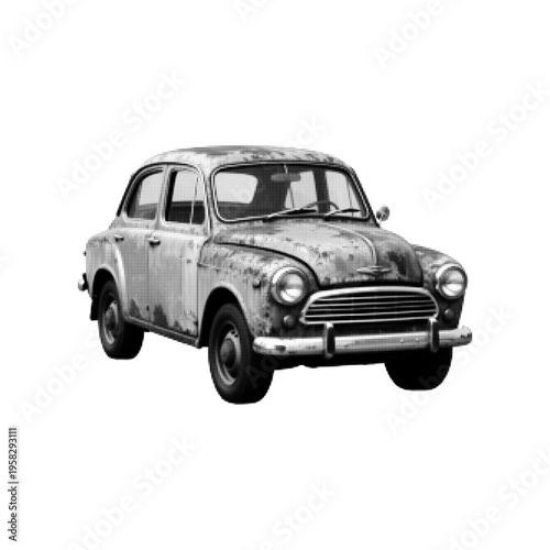 Vintage compact car in halftone engraving style, monochrome retro illustration isolated on white, classic automobile design concept.