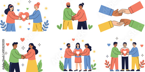 People helping and sharing love set with handshake, support and charity scenes, community kindness and teamwork concept vector illustration collection