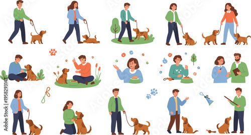 People walking and playing with dogs set, pet care activities with owners training, feeding and прогулка scenes, lifestyle animal interaction vector illustration collection
