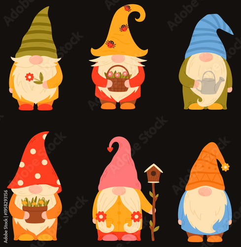 Garden gnomes in pointed hats hold flowers and gardening tools. Garden sculptures against a dark background.