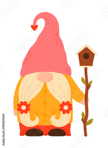 A garden gnome in a pointy hat holds a birdhouse in his hand.