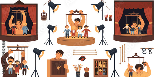 Puppet theater set with marionette stage, dolls and performance tools, storytelling entertainment for kids, traditional show equipment vector illustration collection