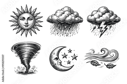 Vintage weather icon collection in black and white engraved illustration style with sun cloud storm tornado wind and barometer
