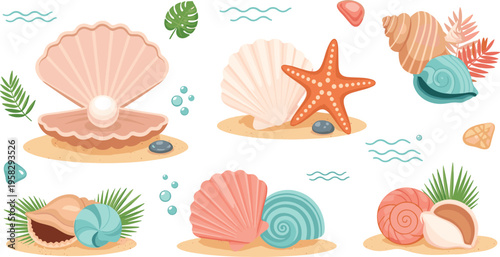 Seashell collection with starfish pearl clam and ocean beach elements summer marine cartoon vector illustration set