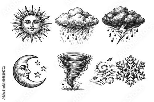 Vintage weather icon collection in black and white engraved illustration style with sun cloud storm tornado wind and barometer