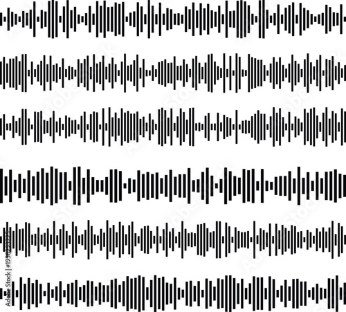 Six prominent black sound wave patterns displayed horizontally on a clean white background