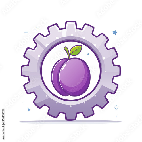 Cartoon plum inside a gear mechanism icon, representing productivity and fruit processing
