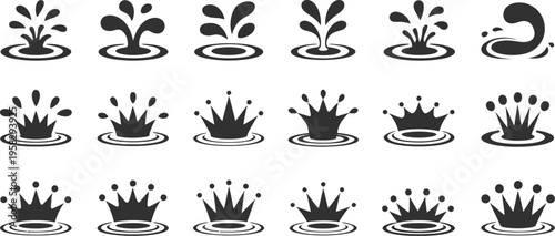Water splash crowns ripple symbols black liquid drop fountain clean design elements vector illustration isolated