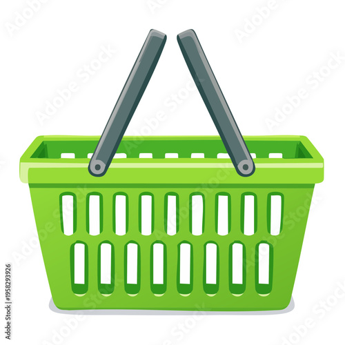 Bright green shopping basket with two grey handles for groceries and purchases