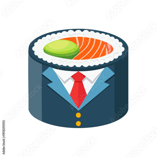 Sushi roll wearing a business suit and red tie concept