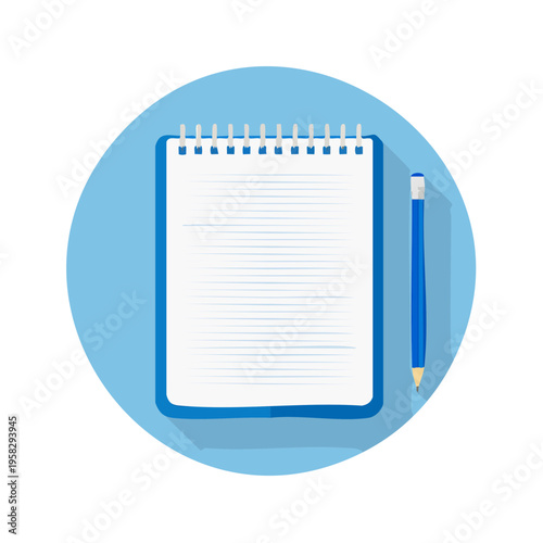 Spiral Bound Notebook and Pencil Illustration with Blue Background