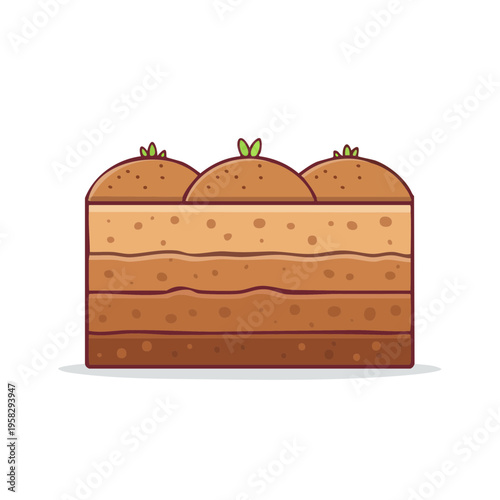 Cross section of earth layers with small green plants growing on top