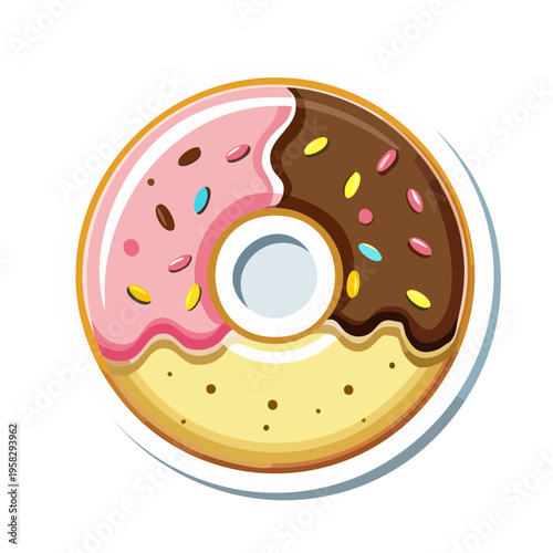 Delicious donut with two flavors of frosting and colorful sprinkles, isolated graphic.