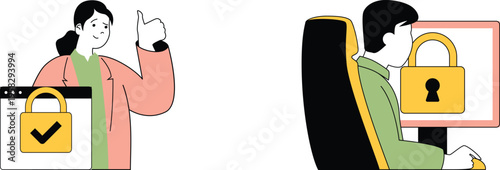 Contrast between secure and insecure digital activities illustrated by two individuals