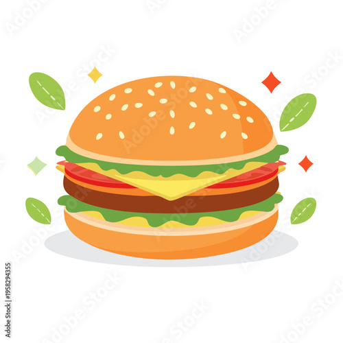 Juicy cheeseburger with sesame seed bun, lettuce, tomato, and cheese layers, illustrated with festive sparkles and leaves