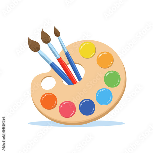 Art palette with brushes and colorful paint dots for creative art projects