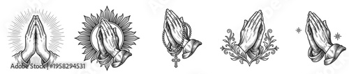 praying hands vector icon set with religious and spiritual symbols, minimal outline and engraving style collection on transparent background