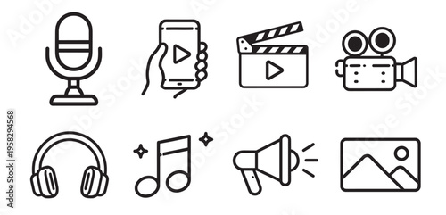 media vector icon set with microphone, smartphone, clapperboard, camera, headphones and music symbols, minimal outline multimedia collection on transparent background