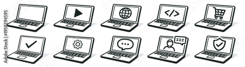 laptop computer vector icon set with various screen symbols including play, globe, code, shopping, chat, settings and security on transparent background