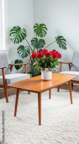 Cozy Living Room With Mid Century Modern Furniture And Fresh Roses