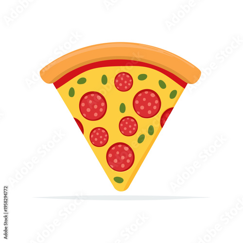 A single triangular slice of pepperoni and olive pizza with a golden crust and red sauce against a white background