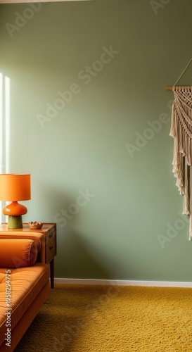 Cozy Living Room With Mid-Century Modern Accents And Macrame Decor