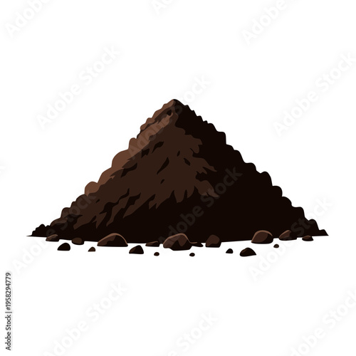 Dark rich soil pile with scattered rocks and a shadow cast by the mound