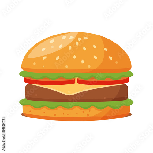 Classic Burger Illustration with Sesame Seed Bun Lettuce Tomato and Cheese