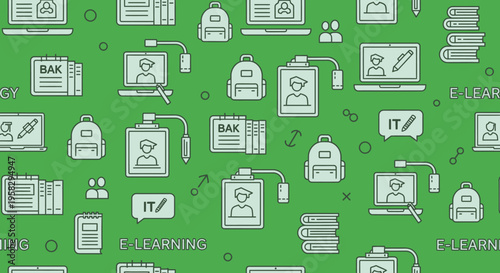 Seamless e learning pattern with laptops backpacks and educational elements