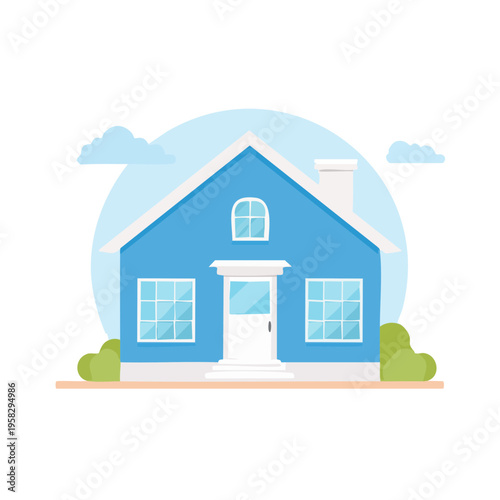 Charming blue detached house with white trim and arched attic window beneath clouds