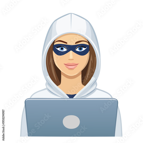 Woman hacker wearing a mask and hoodie with laptop computer
