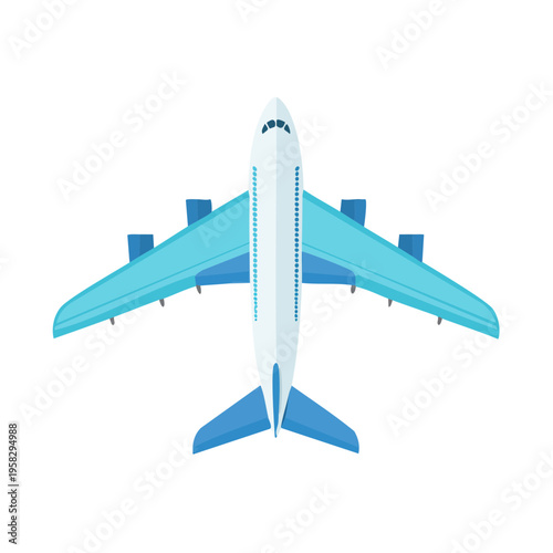 Top view of a stylized modern jetliner with blue wings and tail on white background
