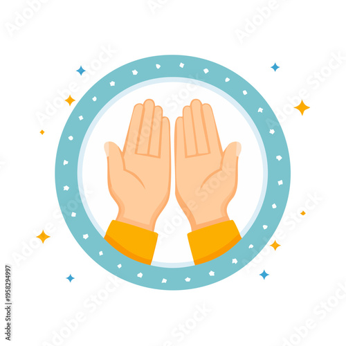Open hands praying inside a circular frame with stars and sparkles