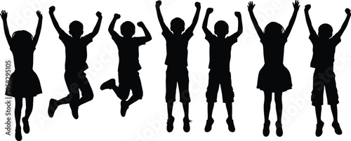 Happy Jumping Kids Silhouette Set, Group of Children Celebrating, Boy and Girl Cheering with Raised Hands, Success and Joy Vector Illustration
