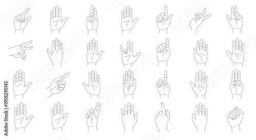 Outlined hand gestures and symbols set isolated on white background