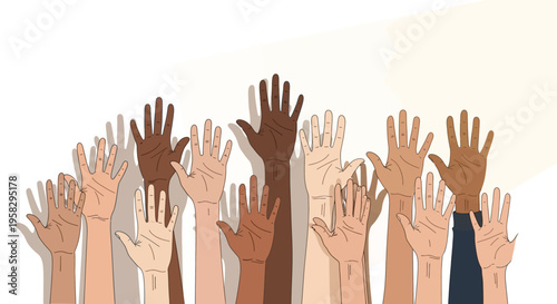 Diverse hands reaching upwards against a white background for unity and support